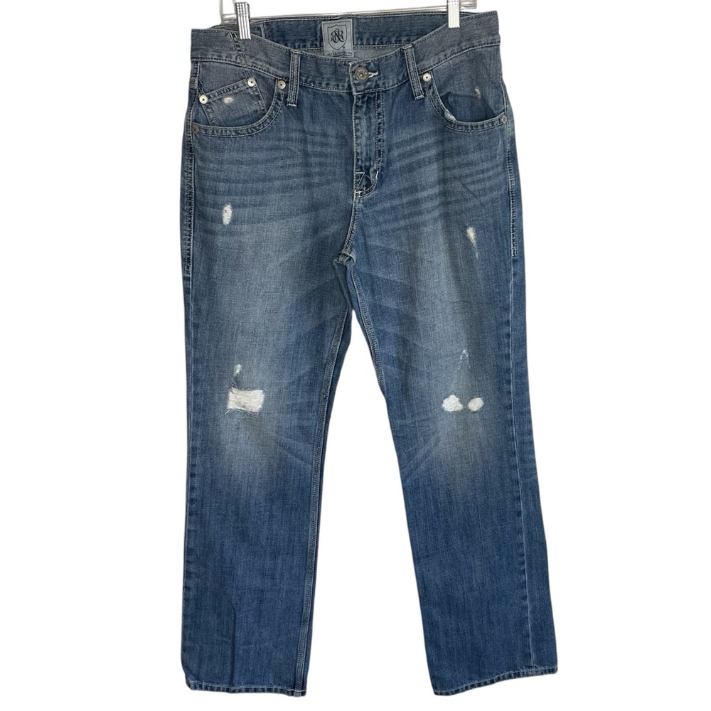 Rock & Republic Henlee Distressed Solid Blue Denim Jeans w/ Embroidered Pockets